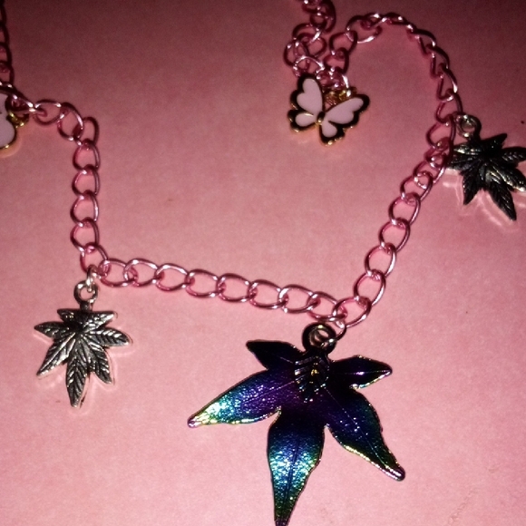 Pink and Silver Leaf Charm Necklace - Picture 3 of 3